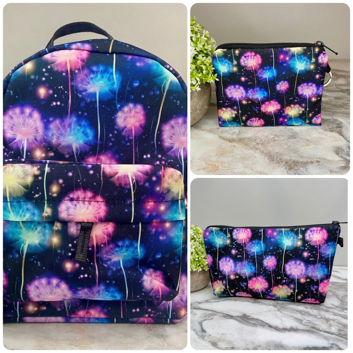 Mini Backpack, Pouch, & Mini Pouch Bundled Set - Rainbow Dandelion