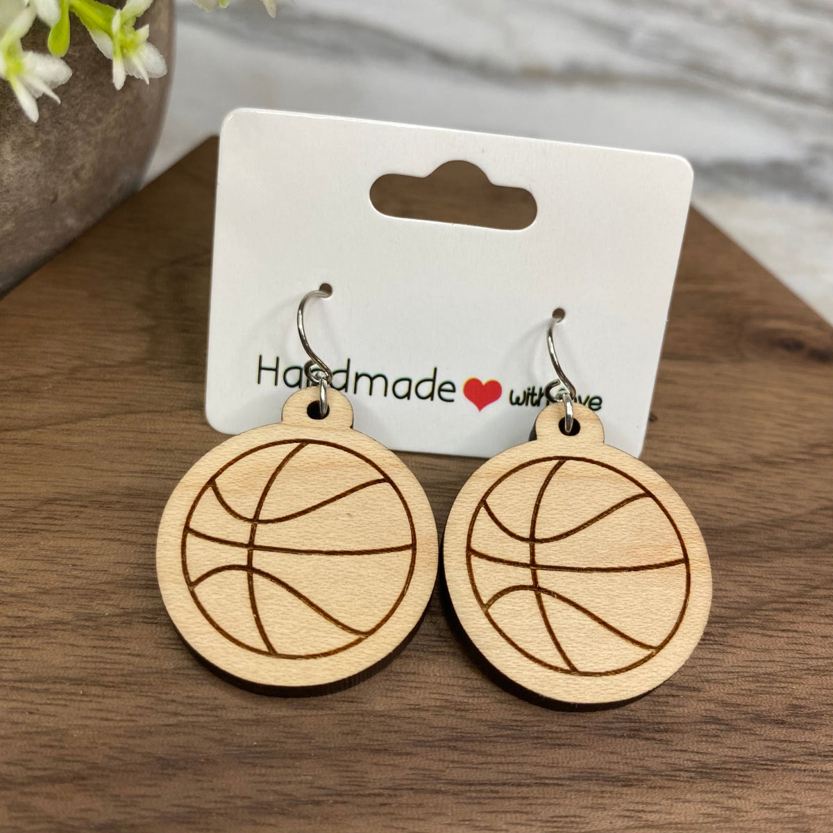 Wooden Dangle Earrings - Basketball