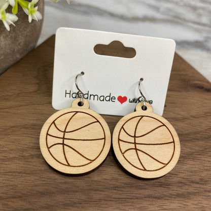 Wooden Dangle Earrings - Basketball