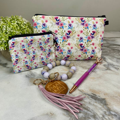 Pouch, Mini Pouch, Pen, & Bracelet Keychain Bundled Set - Floral Vines Purple Pink Blue