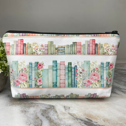 Pouch - Books Mint Pink Floral Shelves