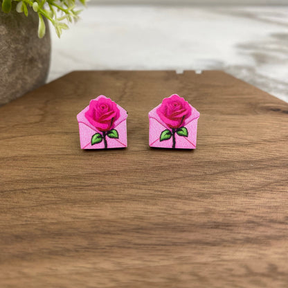 Wooden Stud Earrings - Rose Envelope - #9