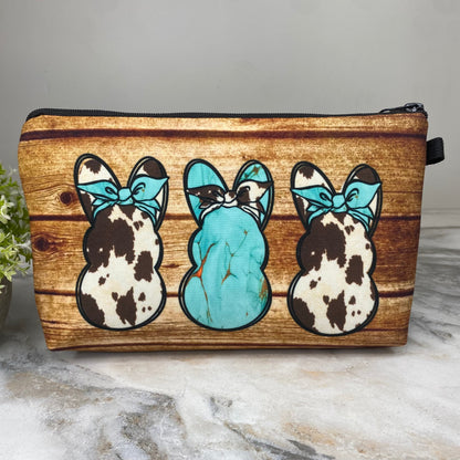 Pouch - Easter - Turquoise Wood Cow Bunnies