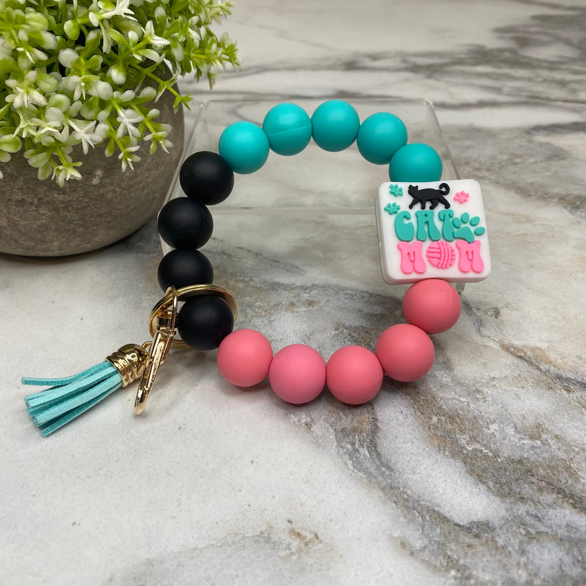 Silicone Bracelet Keychain - Cat Mom Teal Black Pink