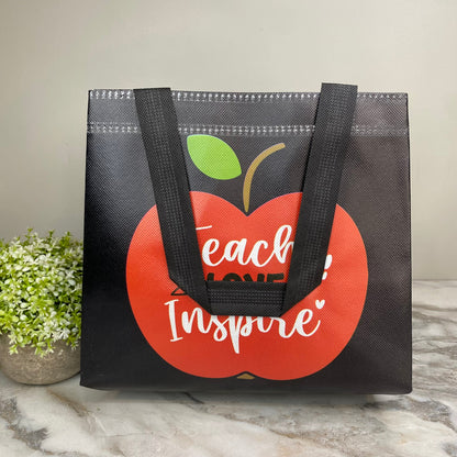 Reusable Tote Bag - Teacher - Teach Love Inspire on Black