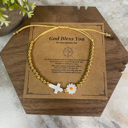 Bracelet - Make A Wish - Religious Cross Gold Bead Daisy