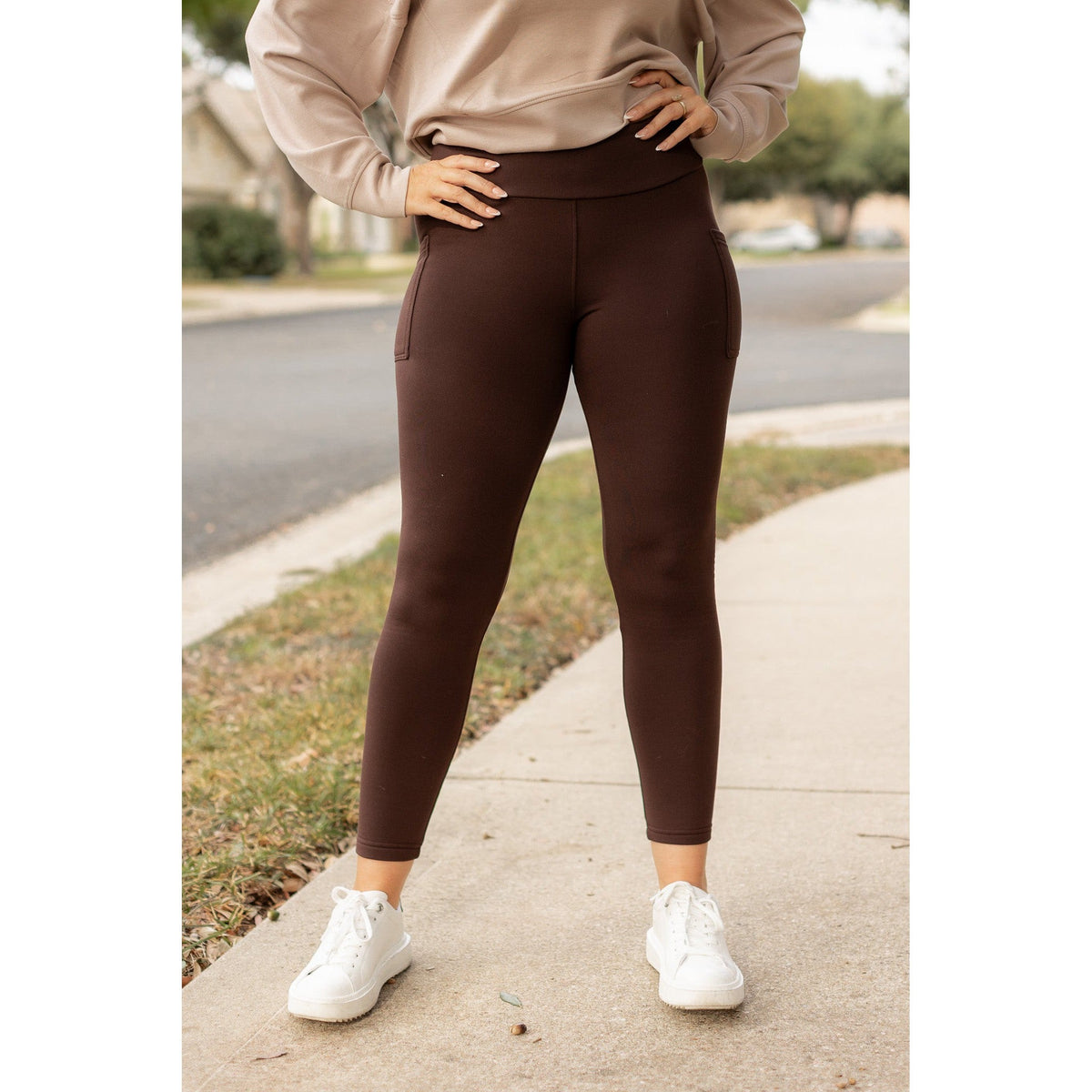Ready to Ship| The Belle - Brown FLEECE Full Length Leggings with Pockets 2 Pack