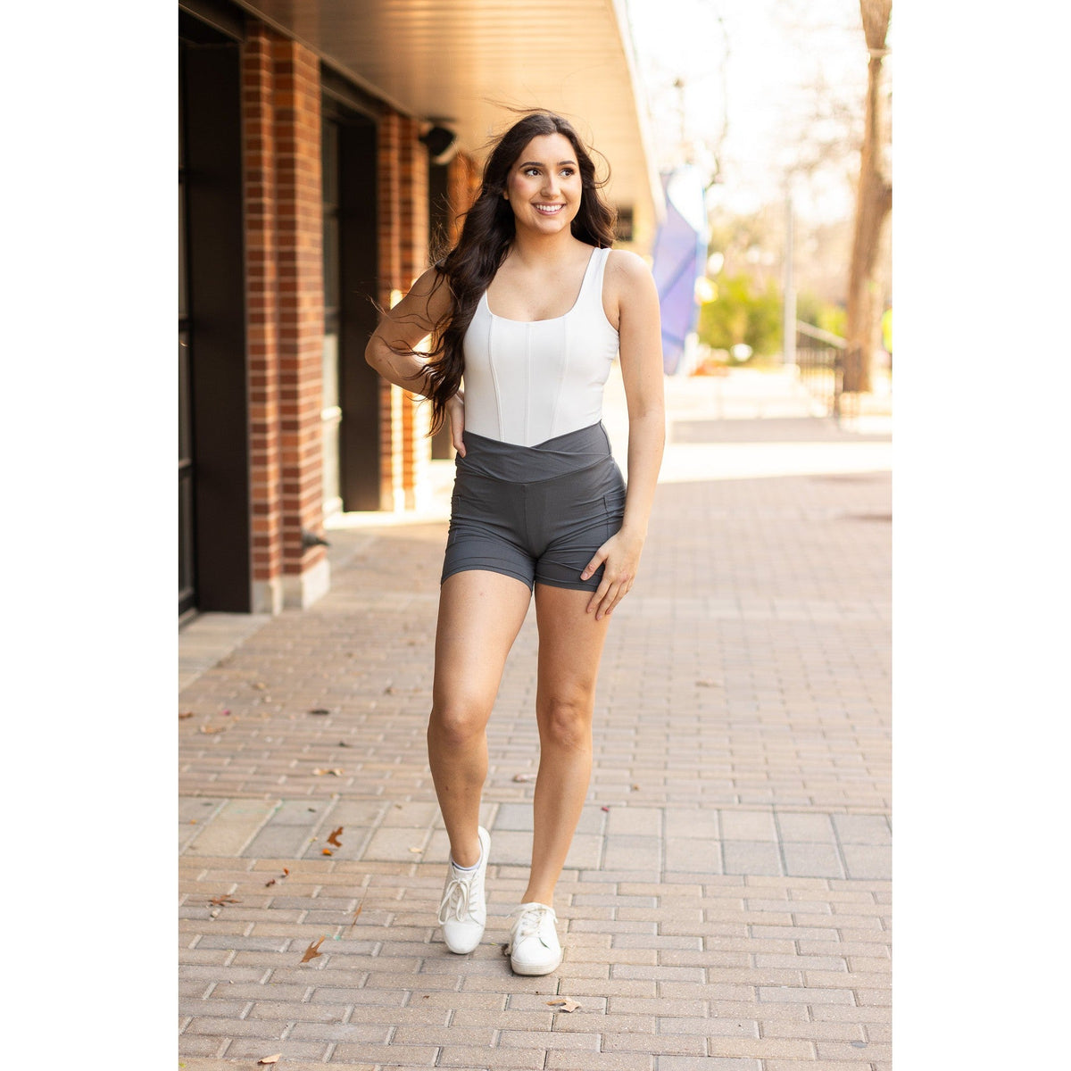 Ready to Ship  | The Caleigh - Charcoal Crossover Biker 5" Shorts r2  - Luxe Leggings by Julia Rose® Round 2
