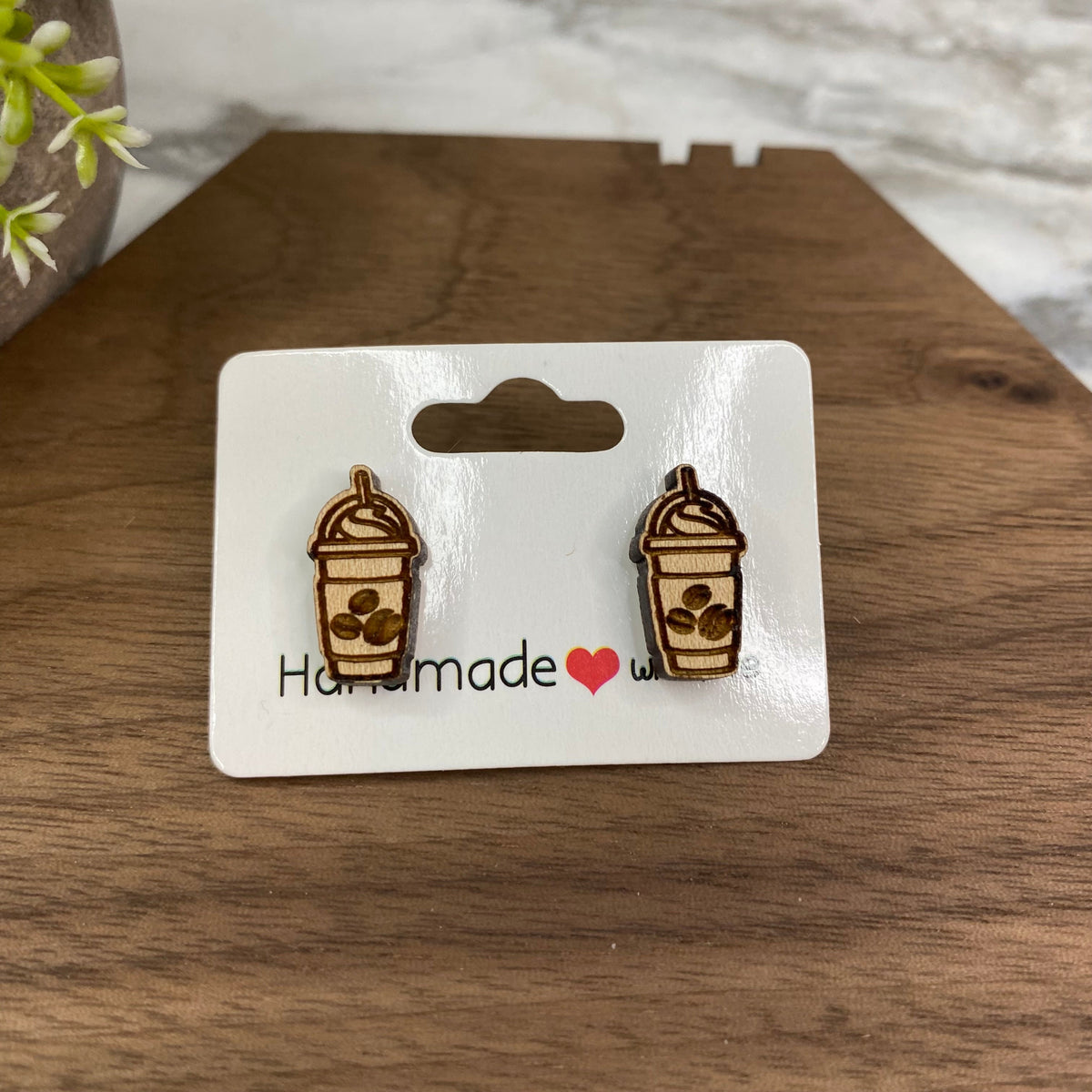 Wooden Stud Earrings - Frappe Coffee Beans