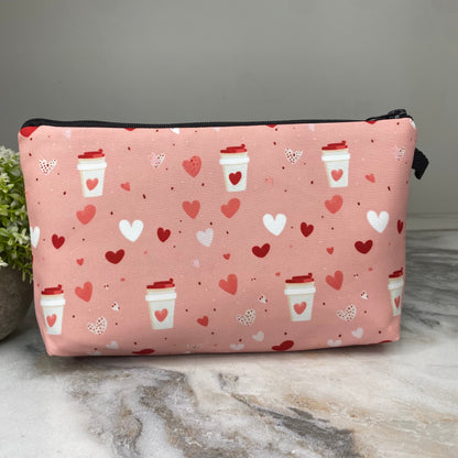 Pouch - Coffee Tea Hearts on Pink