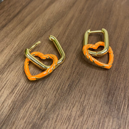 Metal Dangle Earrings - Heart Link - Orange