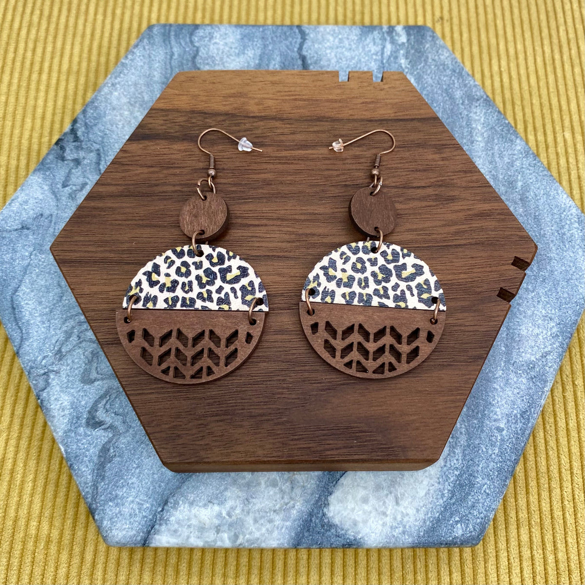 Wood Earrings - Half & Half - Animal Print Design