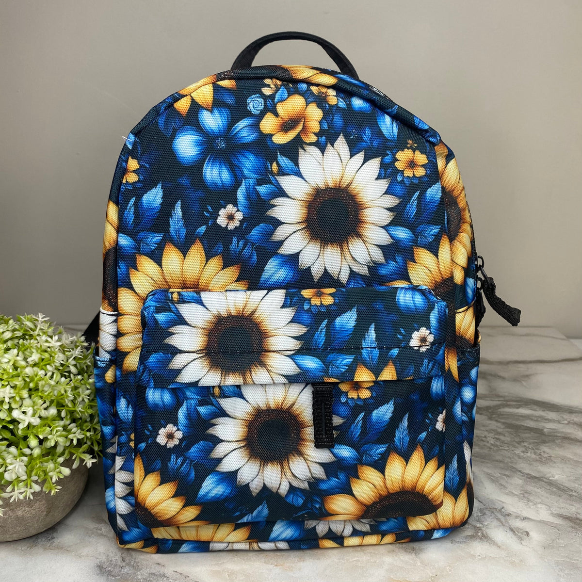 Mini Backpack - Floral, Blue Yellow White Sunflower