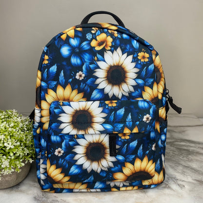 Mini Backpack - Floral, Blue Yellow White Sunflower